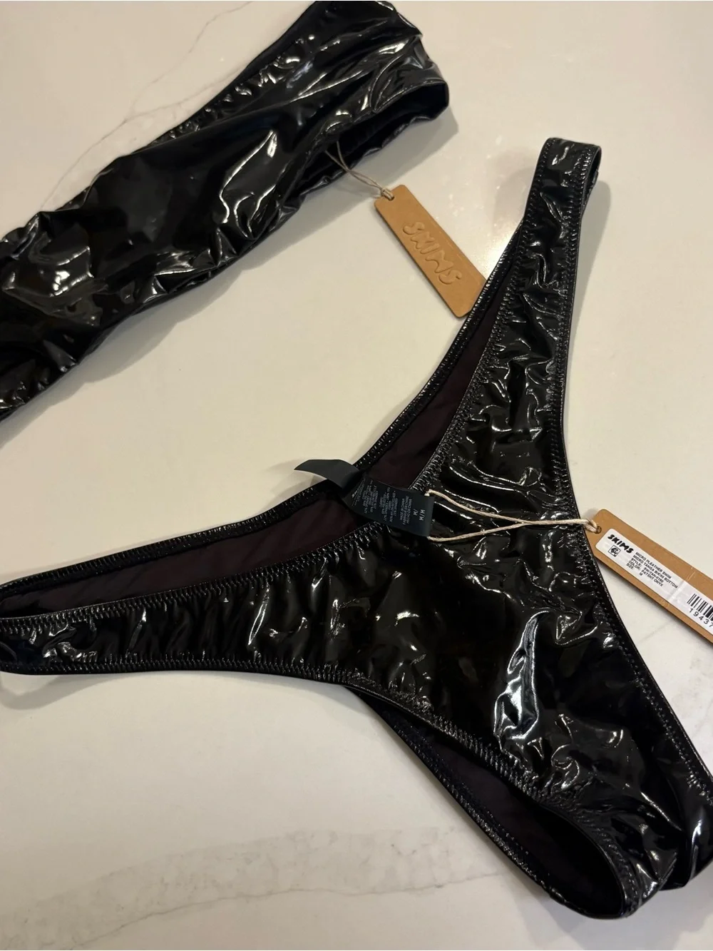 NWT SKIMS  Patent Faux Leather Swim Micro Tanga Bottom and Micro Bandeau Top Ony